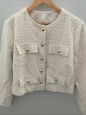 H&M Cream Tweed Cropped Blazer with Gold Buttons